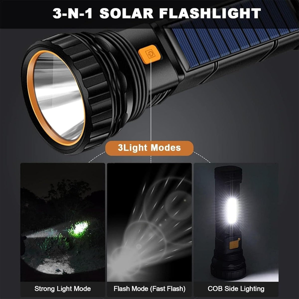 Torcia LED a Energia Solare con Ricarica USB, Impermeabile e Multifunzionale per Emergenze, Campeggio, Pesca, e Sopravvivenza