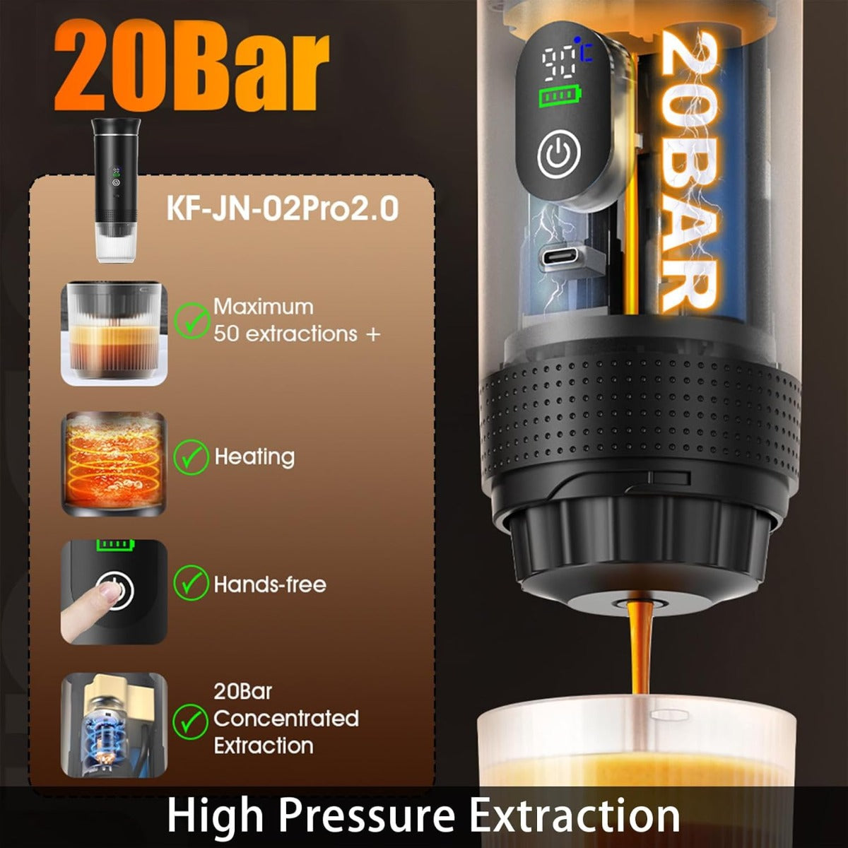 Macchina da Caffè Portatile 3-in-1 Ricaricabile con Display Digitale, Serbatoio 80 ml, Compatibile con Capsule e Caffè Macinato, Infusione Calda e Fredda, 2500 mAh – Espresso da Viaggio