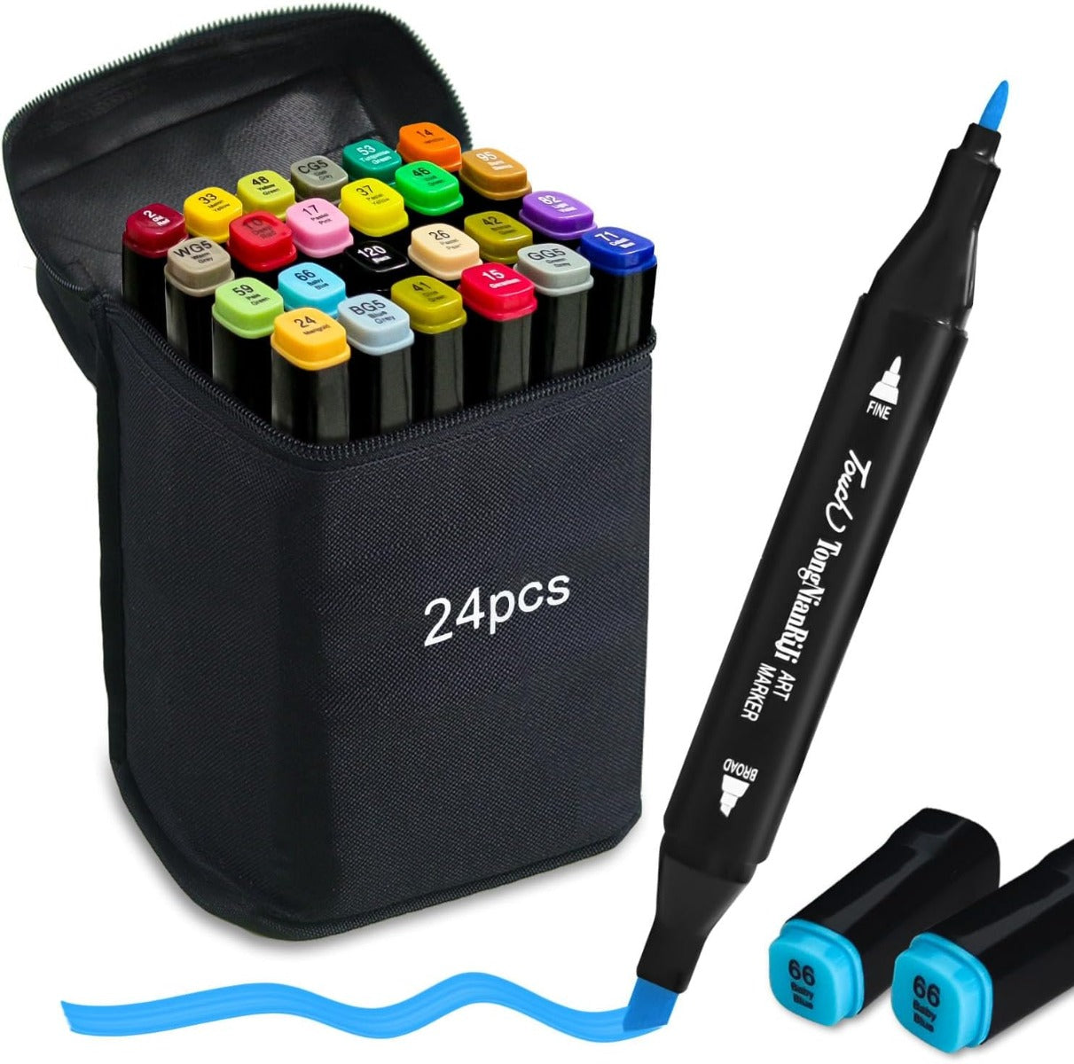 Set 24 Pennarelli a Doppia Punta ad Alcol con Astuccio – Punta Fine e Punta Larga per Disegno, Manga, Sketch, Illustrazione, Colorazione