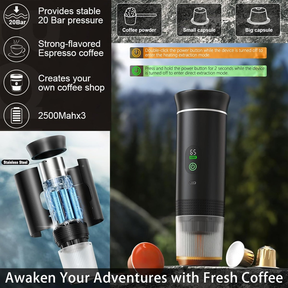 Macchina da Caffè Portatile 3-in-1 Ricaricabile con Display Digitale, Serbatoio 80 ml, Compatibile con Capsule e Caffè Macinato, Infusione Calda e Fredda, 2500 mAh – Espresso da Viaggio