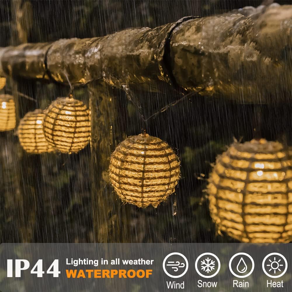 Catena 10 Luci Solari Esterno Bianco Caldo IP44 con Paralume in Corda 1.8+1.8mt