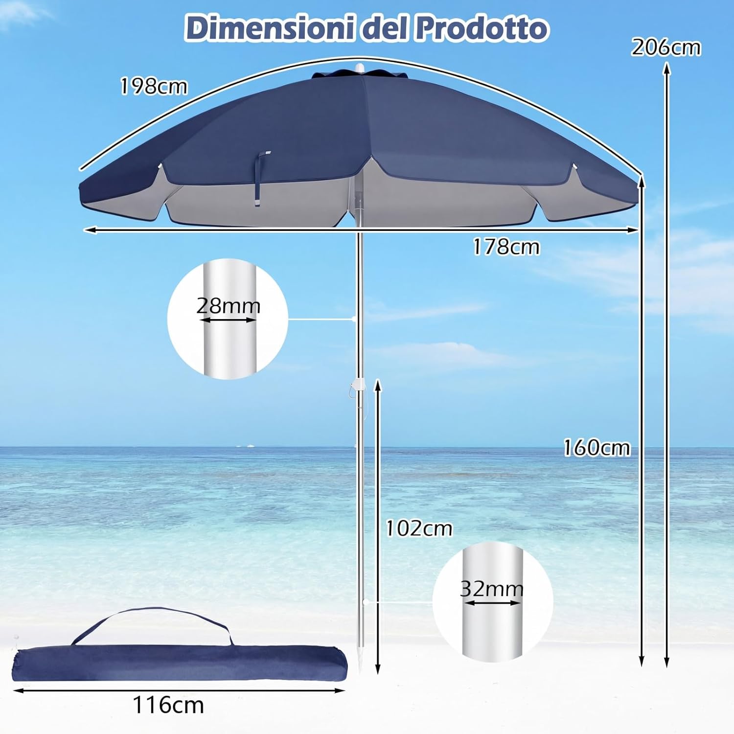 Ombrellone da Spiaggia COSTWAY: Alluminio Inclinabile e Protezione UV