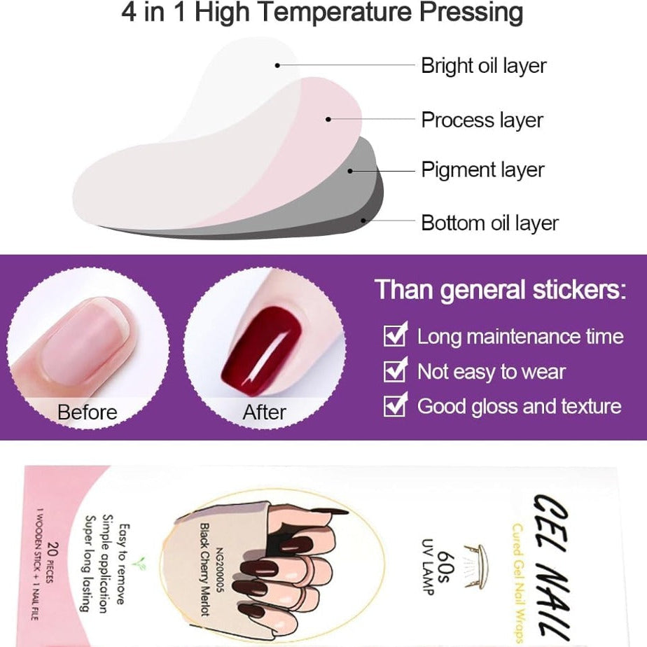 Kit Adesivi per Unghie in Gel Semipolimerizzato - con Accessori per Manicure bordeaux