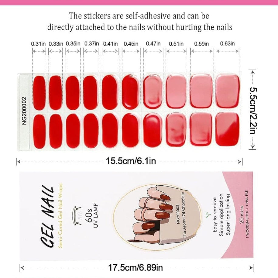 Kit Strisce Adesive per Unghie in Gel - 20 Pezzi con Lima e Bastoncino per Manicure Perfetta rosso