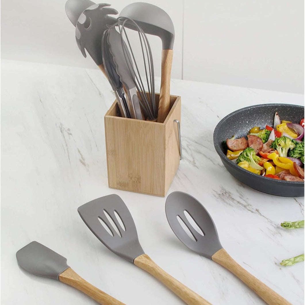 Set di 12 Utensili da Cucina in Silicone – Resistenti al Calore, Antiaderenti e Lavabili in Lavastoviglie (grigio)