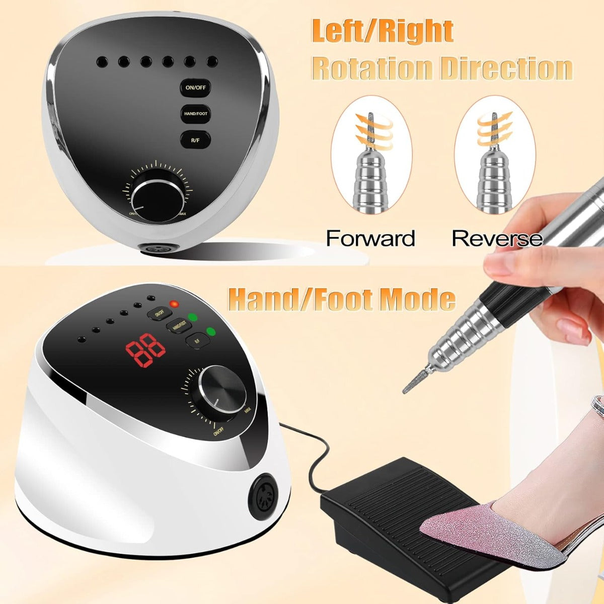 Fresa per Unghie Professionale 35000 Giri – Trapano Elettrico per Manicure e Pedicure con Pedale, Display LED, Punte e Bande Abrasive
