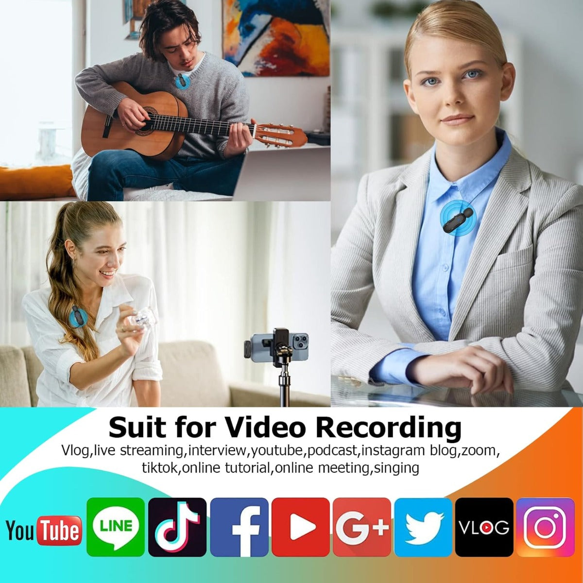 Microfono Lavalier Wireless con Custodia, 2 Mic + Ricevitore Lightning per iPhone/iPad, Riduzione Rumore, 8h Autonomia, 20m Portata