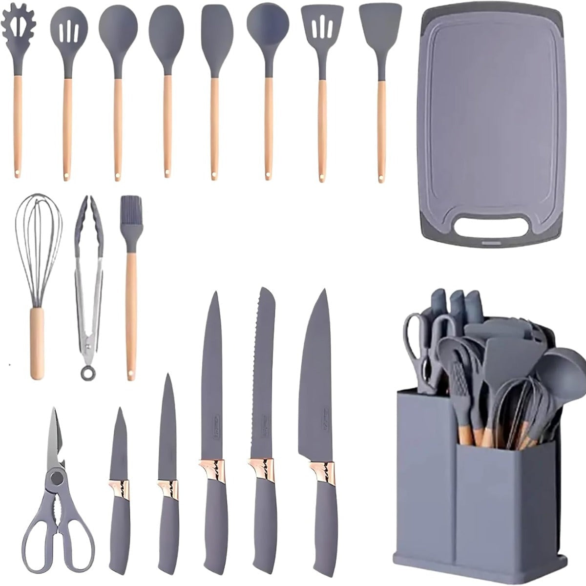 Set di Utensili da Cucina e Coltelli da Cucina da 19 Pezzi in Silicone con Manico in Legno (Grigio)