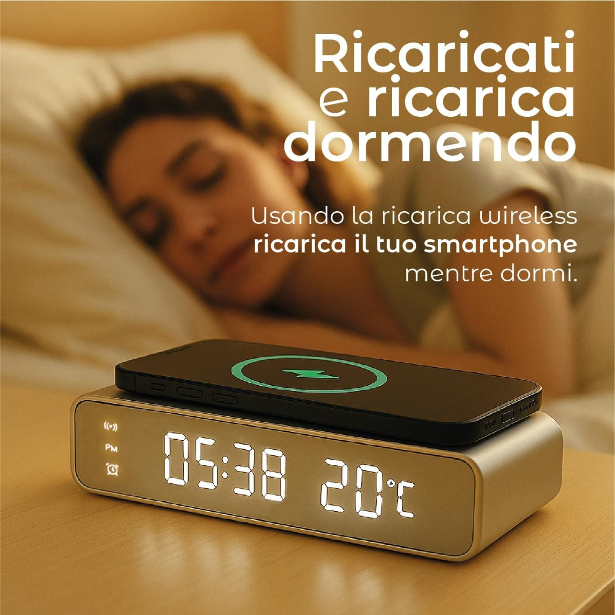 TECHMADE – Sveglia Digitale con Ricarica Wireless, Allarme con Timer, Display LED Regolabile
