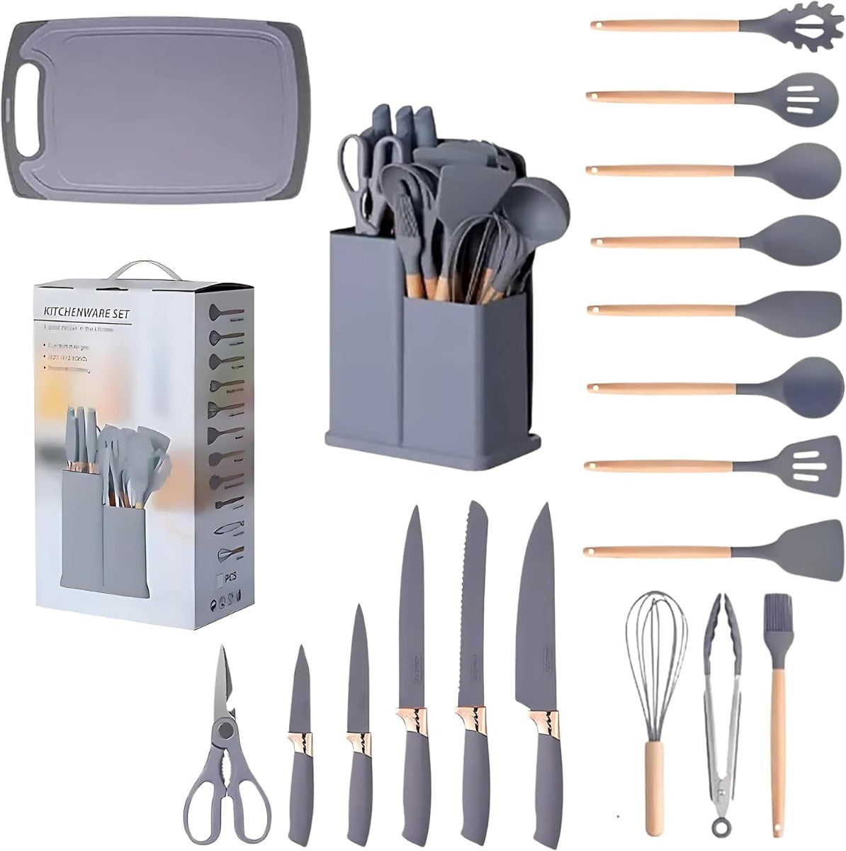 Set di Utensili da Cucina e Coltelli da Cucina da 19 Pezzi in Silicone con Manico in Legno (Grigio)