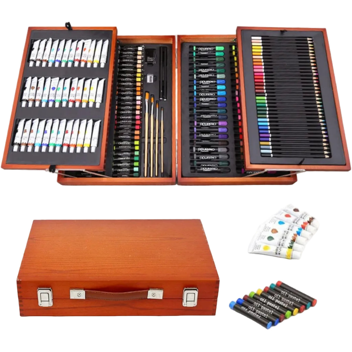 Set da Disegno Portatile Bambini JasCherry – 172 Pezzi, Matite Acquerellabili, Pennarelli e Pastelli in Valigetta di Legno