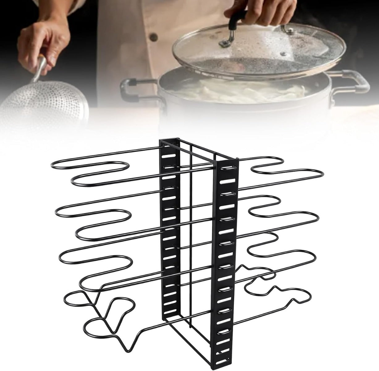 Organizzatore per Pentole e Padelle con 8 Livelli, Supporti Regolabili per Coperchi e Design Personalizzabile