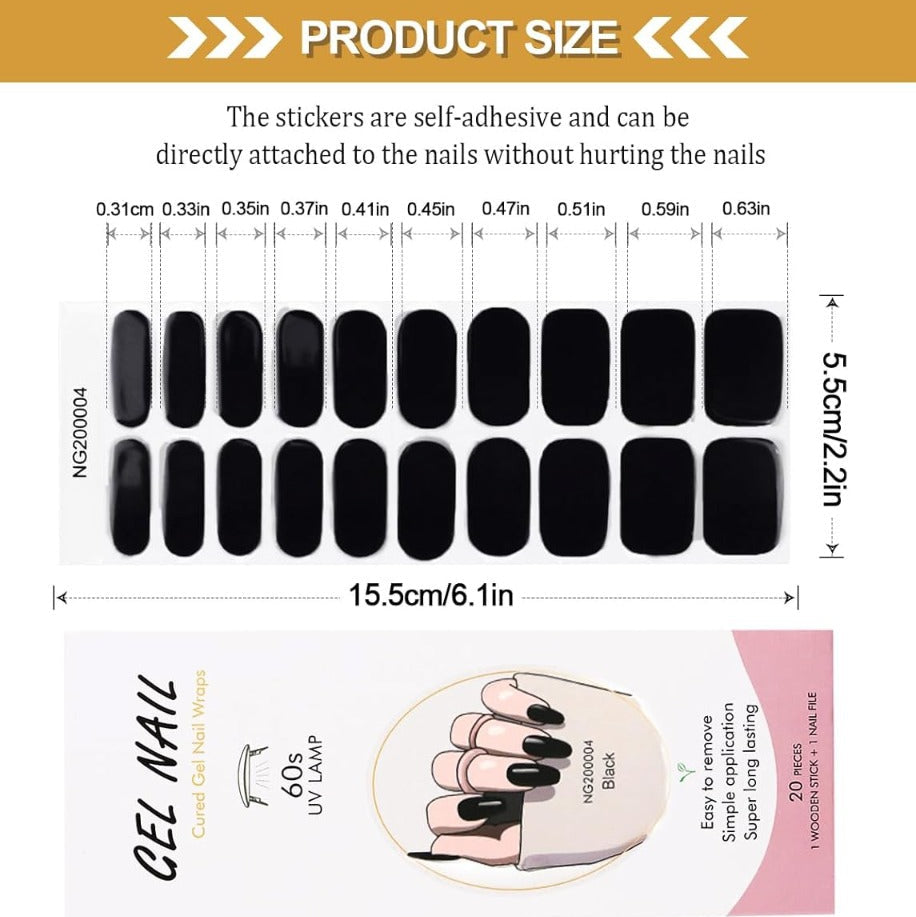 Kit Adesivi per Unghie in Gel Semipolimerizzato - 20 Strisce Autoadesive con Accessori per Manicure nero lucido