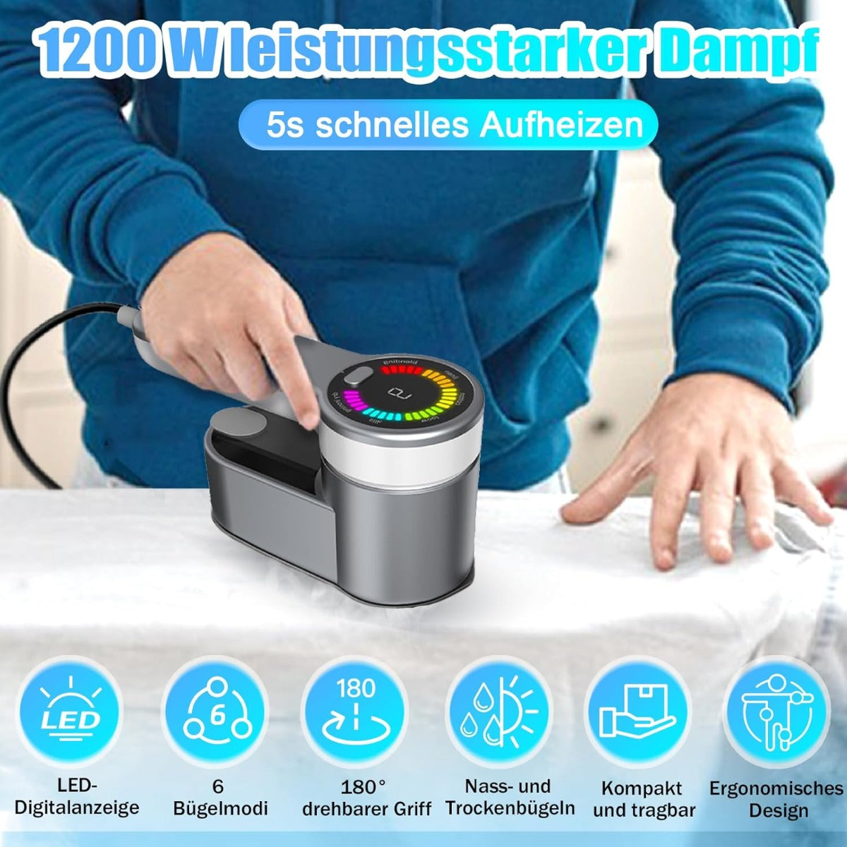 Mini Ferro da Stiro a Vapore da Viaggio 1200W – 6 Modalità, Riscaldamento 5s, Pieghevole 180°, Serbatoio 120ml, Piastra Ceramica Antiaderente