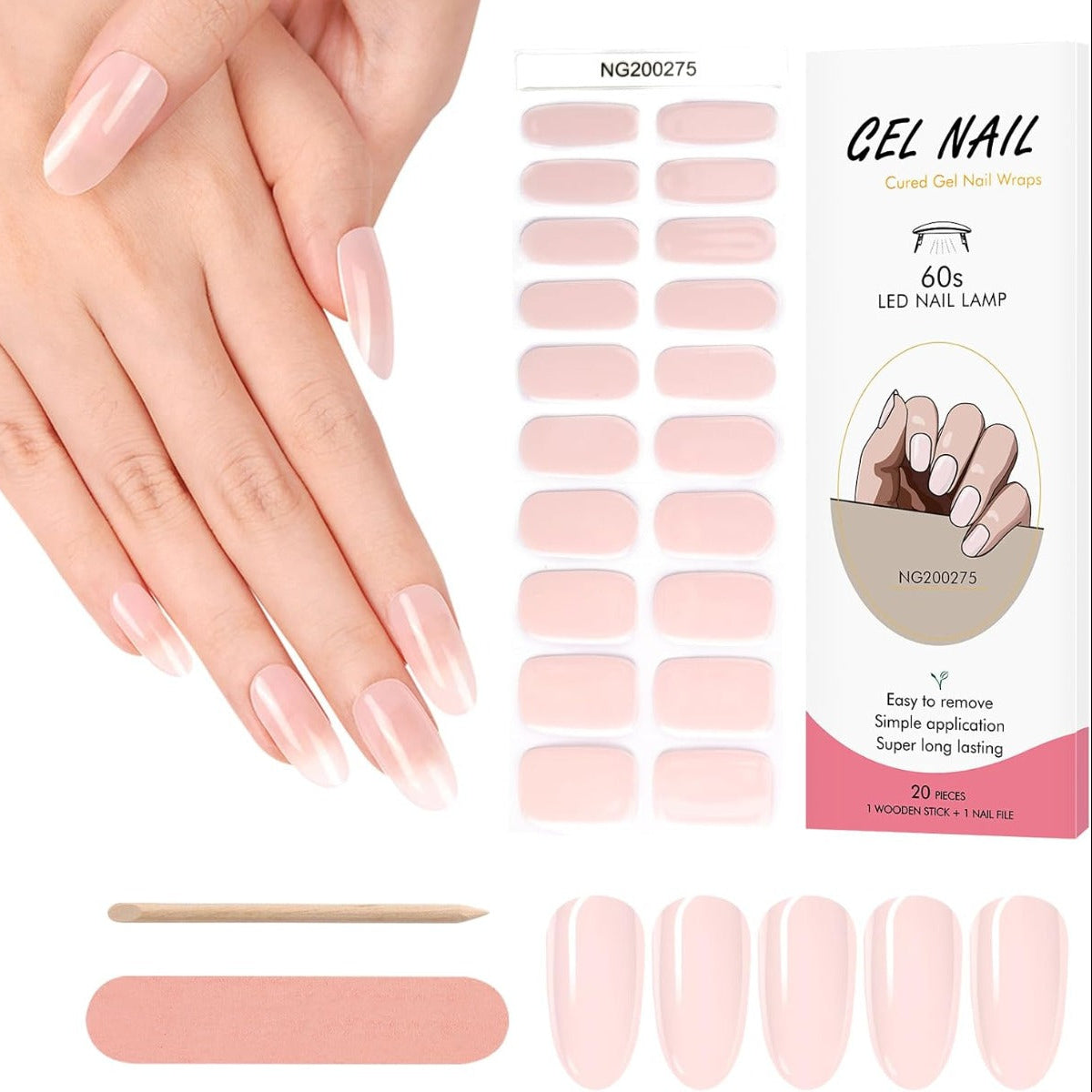 Kit Adesivi per Unghie in Gel Semipolimerizzato - 20 Strisce Autoadesive con Accessori per Manicure rosa delicato