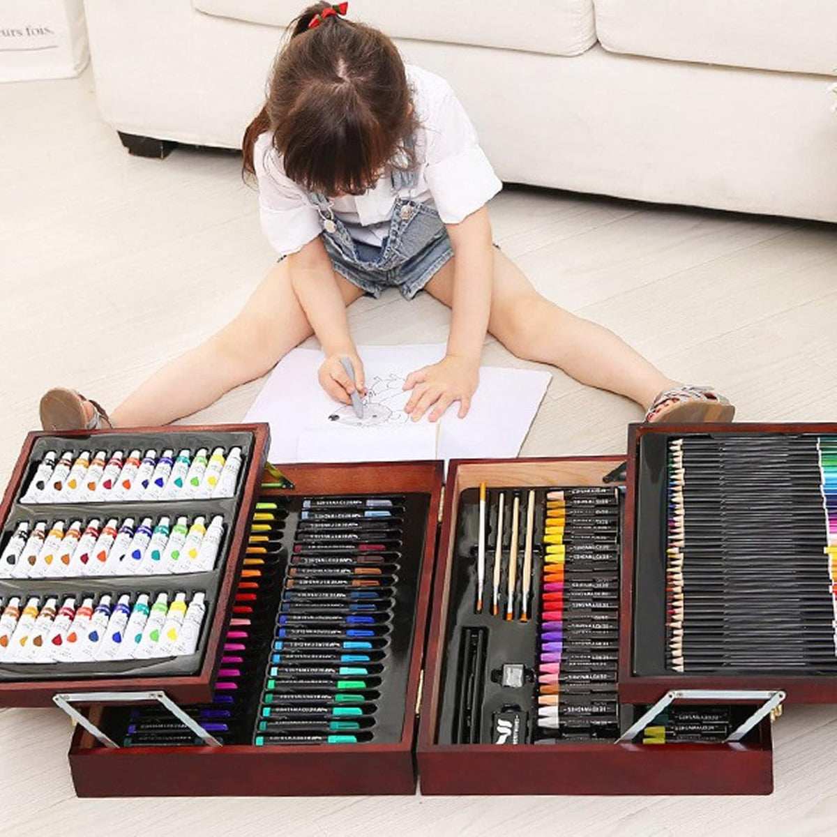 Set da Disegno Portatile Bambini JasCherry – 172 Pezzi, Matite Acquerellabili, Pennarelli e Pastelli in Valigetta di Legno