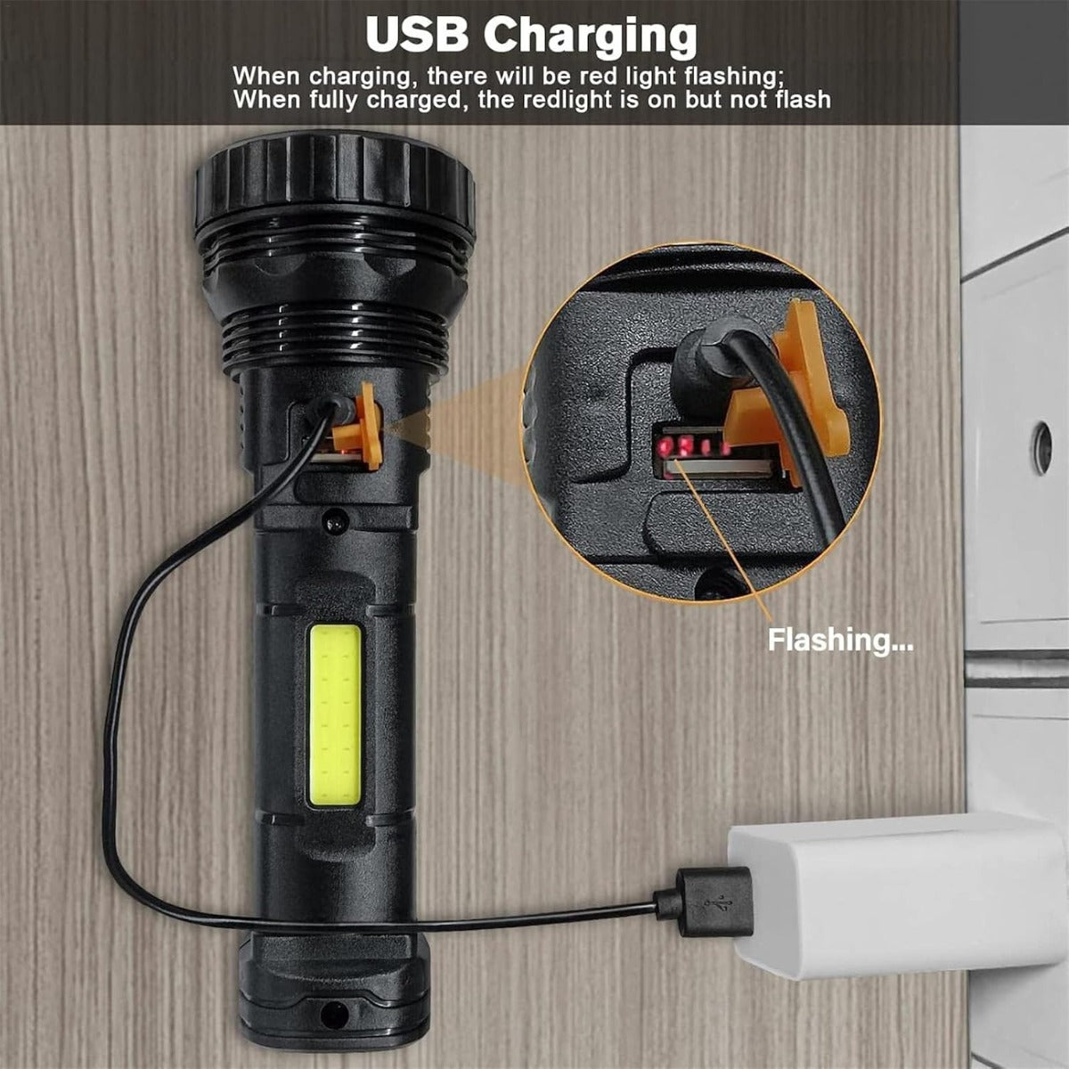 Torcia LED a Energia Solare con Ricarica USB, Impermeabile e Multifunzionale per Emergenze, Campeggio, Pesca, e Sopravvivenza