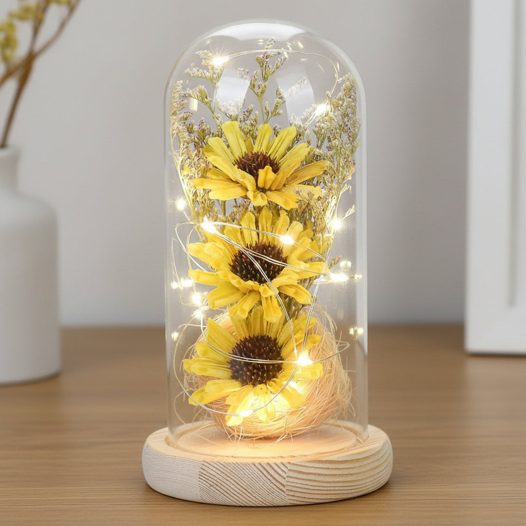 Girasole artificiale in cupola di vetro con striscia luminosa a led