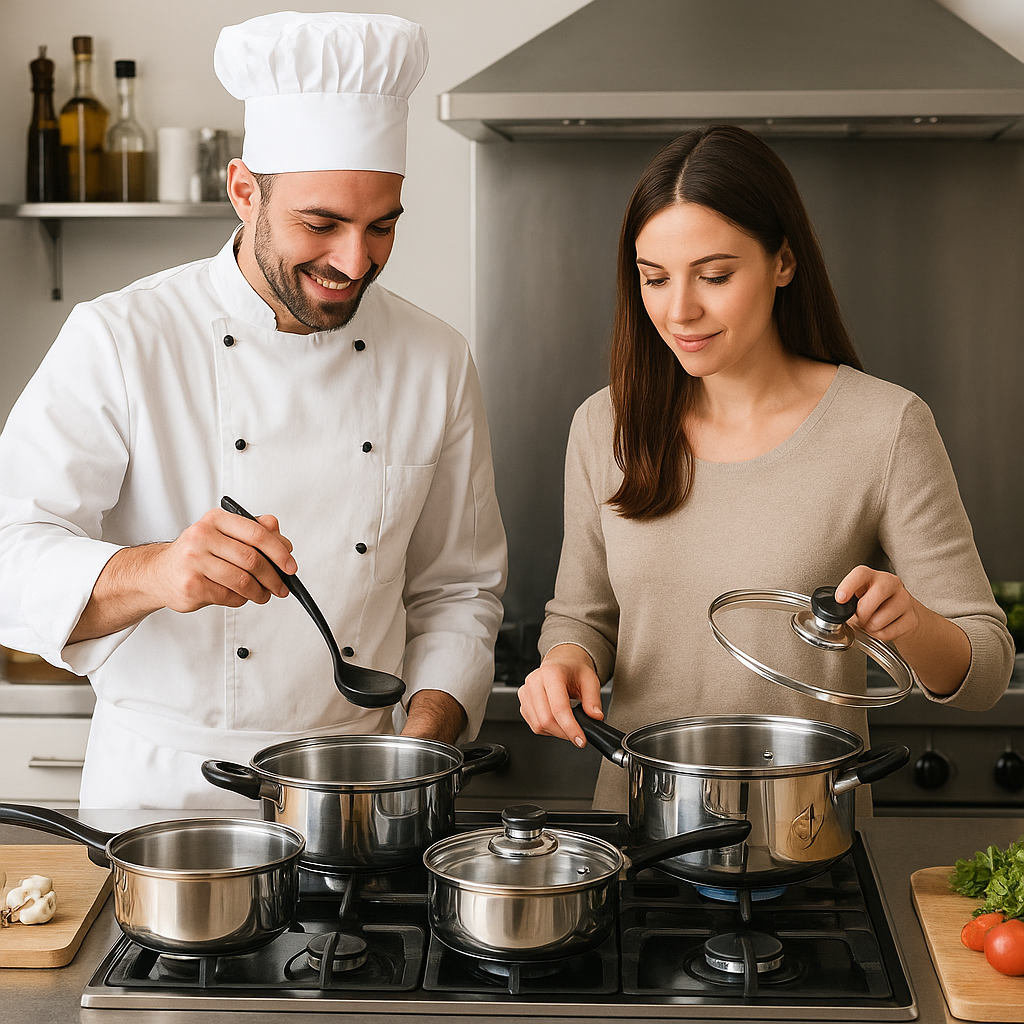 Set di Pentole 12 Pezzi in Acciaio Inox – Compatibili con Induzione – Coperchi con Valvola di Sicurezza – Design Professionale