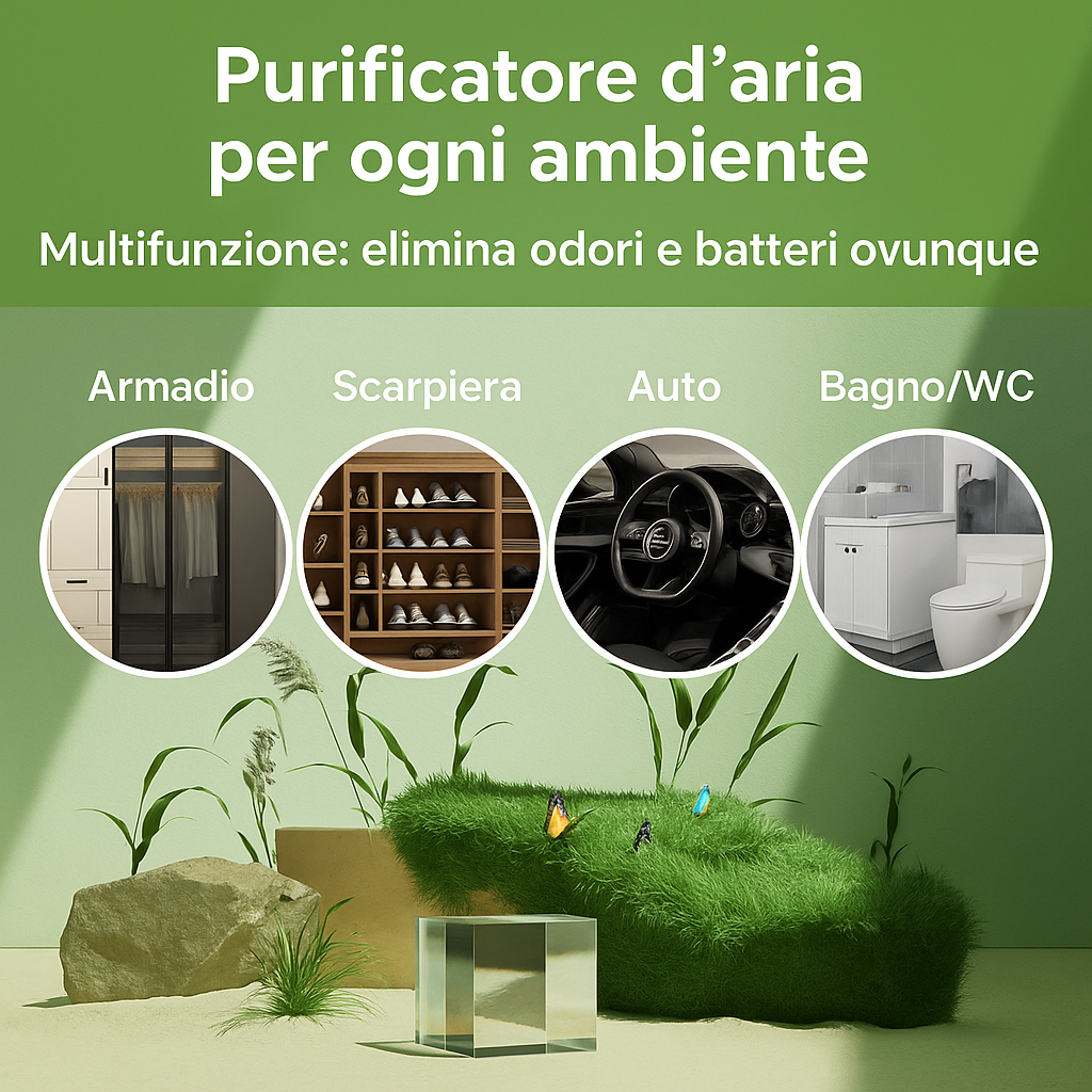 Mini Purificatore d’Aria per Frigorifero – Generatore di Ozono, Elimina Odori e Batteri, con Clip di Fissaggio, Ricarica USB – Ideale per Casa, Animali, Armadi, Frigoriferi e Auto