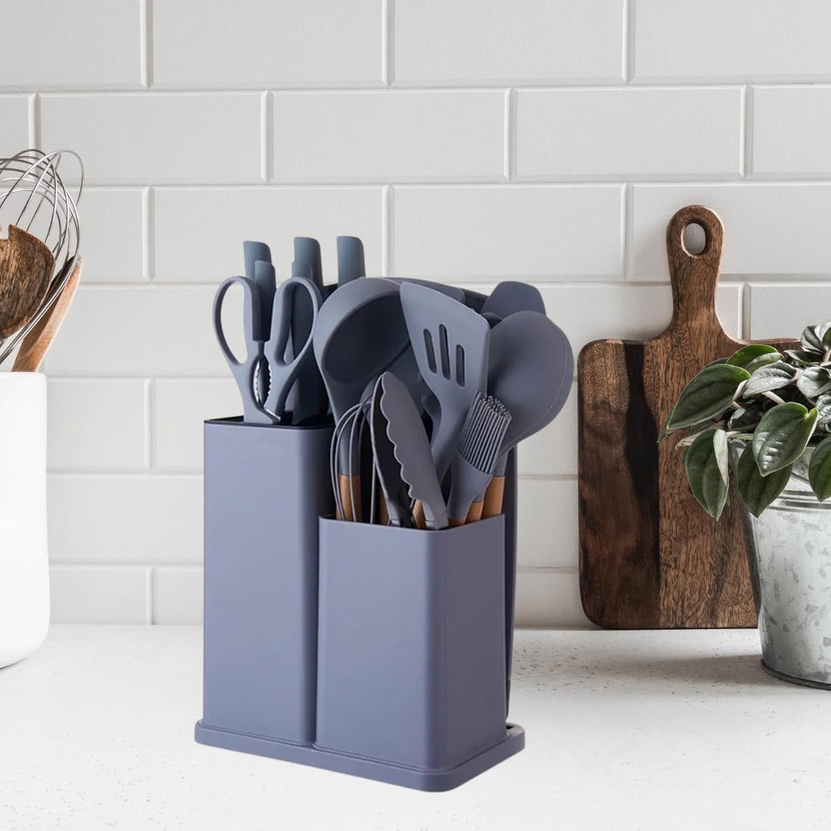 Set di Utensili da Cucina e Coltelli da Cucina da 19 Pezzi in Silicone con Manico in Legno (Grigio)