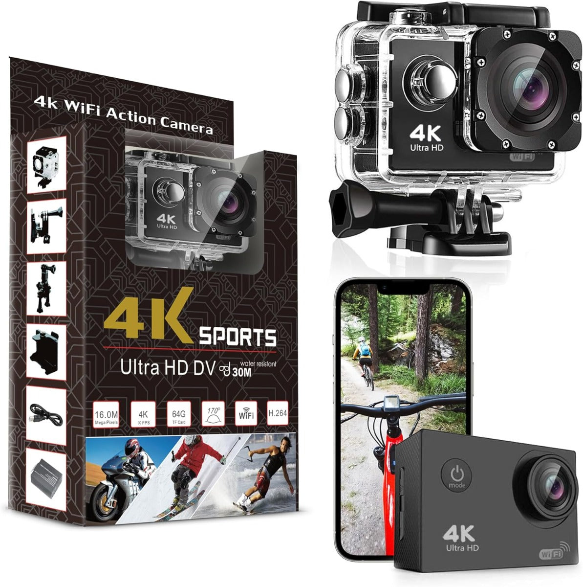 Action Camera 4K Ultra HD 16MP Impermeabile fino a 30m con Wi-Fi, Grandangolo 170°, Display LCD 2"