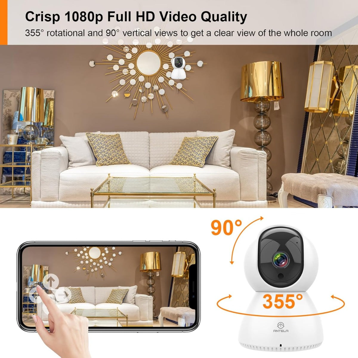 ANTELA Telecamera Wi-Fi da Interno 1080P FHD, PTZ 355°/90°, Audio Bidirezionale, Visione Notturna IR, Rilevamento Movimento, Compatibile con Alexa e Google Home, Dual Wi-Fi 2.4/5GHz