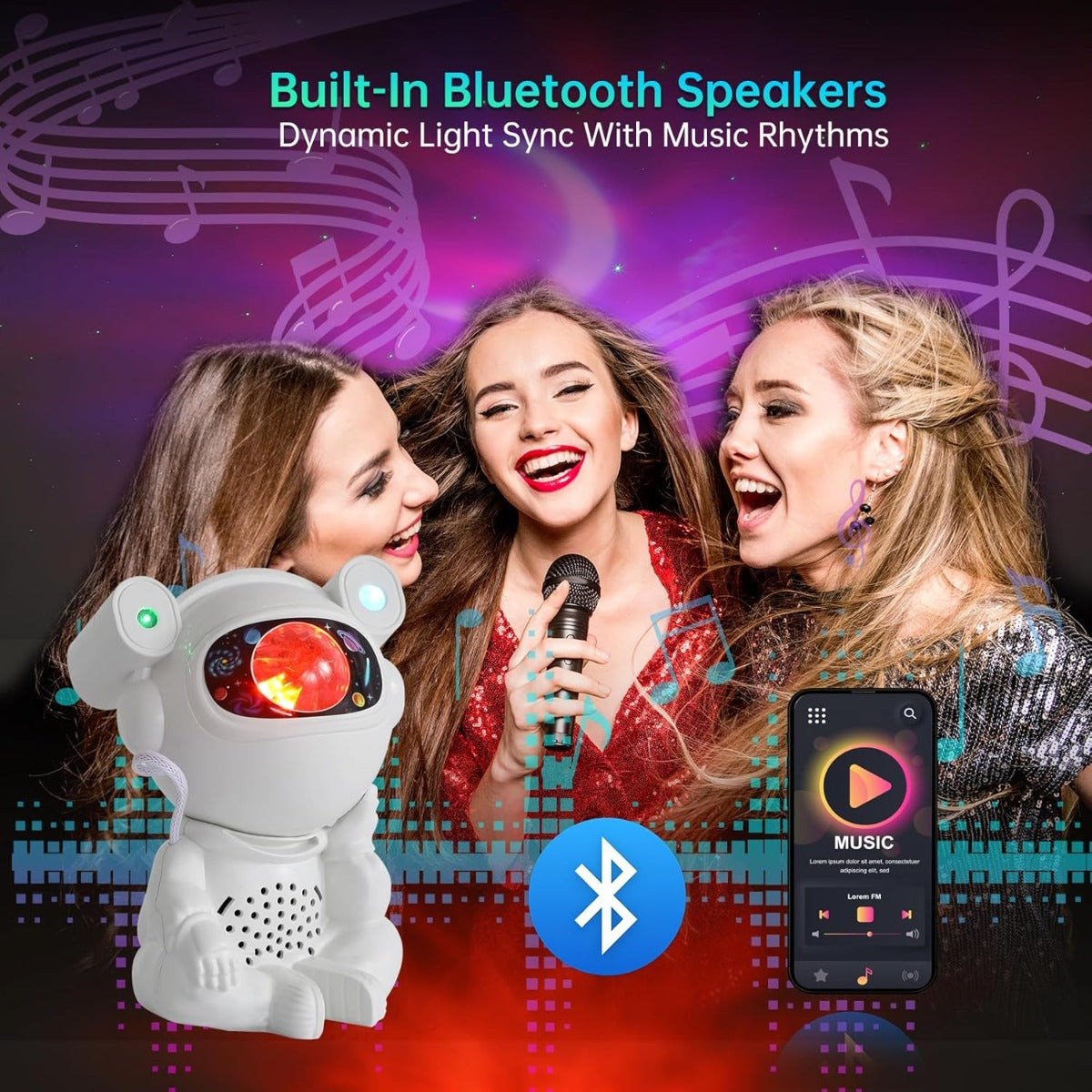 Proiettore Galassia Astronauta con Musica Bluetooth, Timer e Controllo Remoto – Lampada LED Nebulosa per Camera da Letto e Decorazione Ambiente