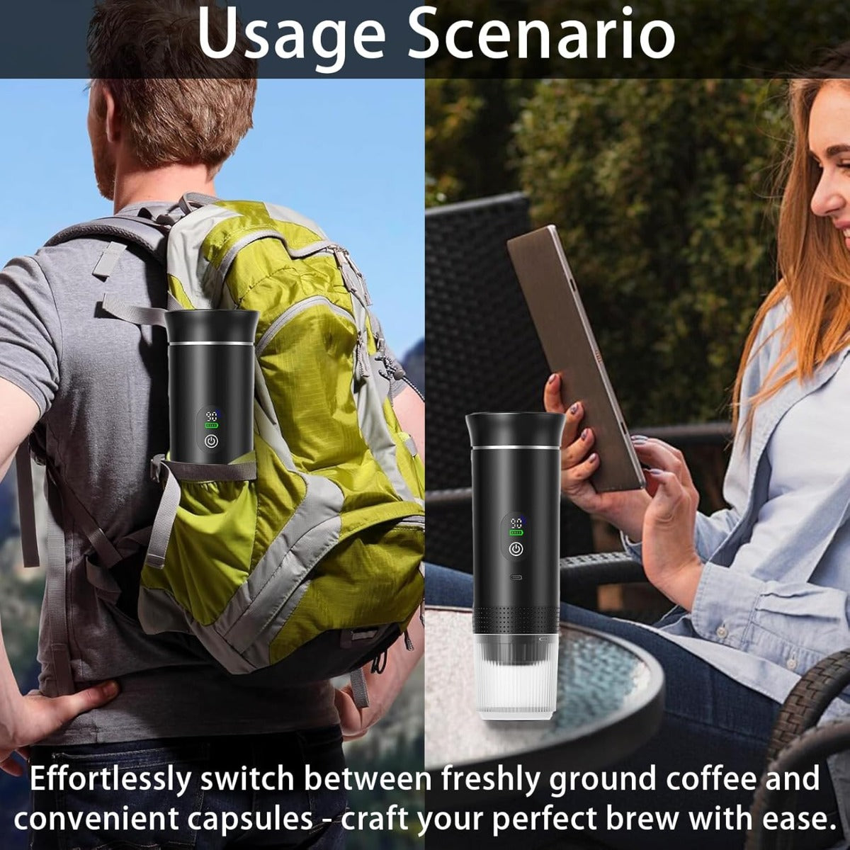 Macchina da Caffè Portatile 3-in-1 Ricaricabile con Display Digitale, Serbatoio 80 ml, Compatibile con Capsule e Caffè Macinato, Infusione Calda e Fredda, 2500 mAh – Espresso da Viaggio