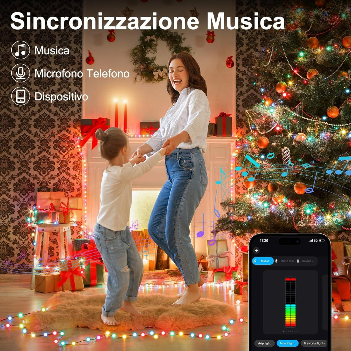 Luci LED Decorative RGB+IC da 7,5 m per Interni ed Esterni – 50 LED Impermeabili in PVC, Controllo via App, Telecomando e USB, Sincronizzazione Musicale, Effetti Personalizzati, Dimmerabili