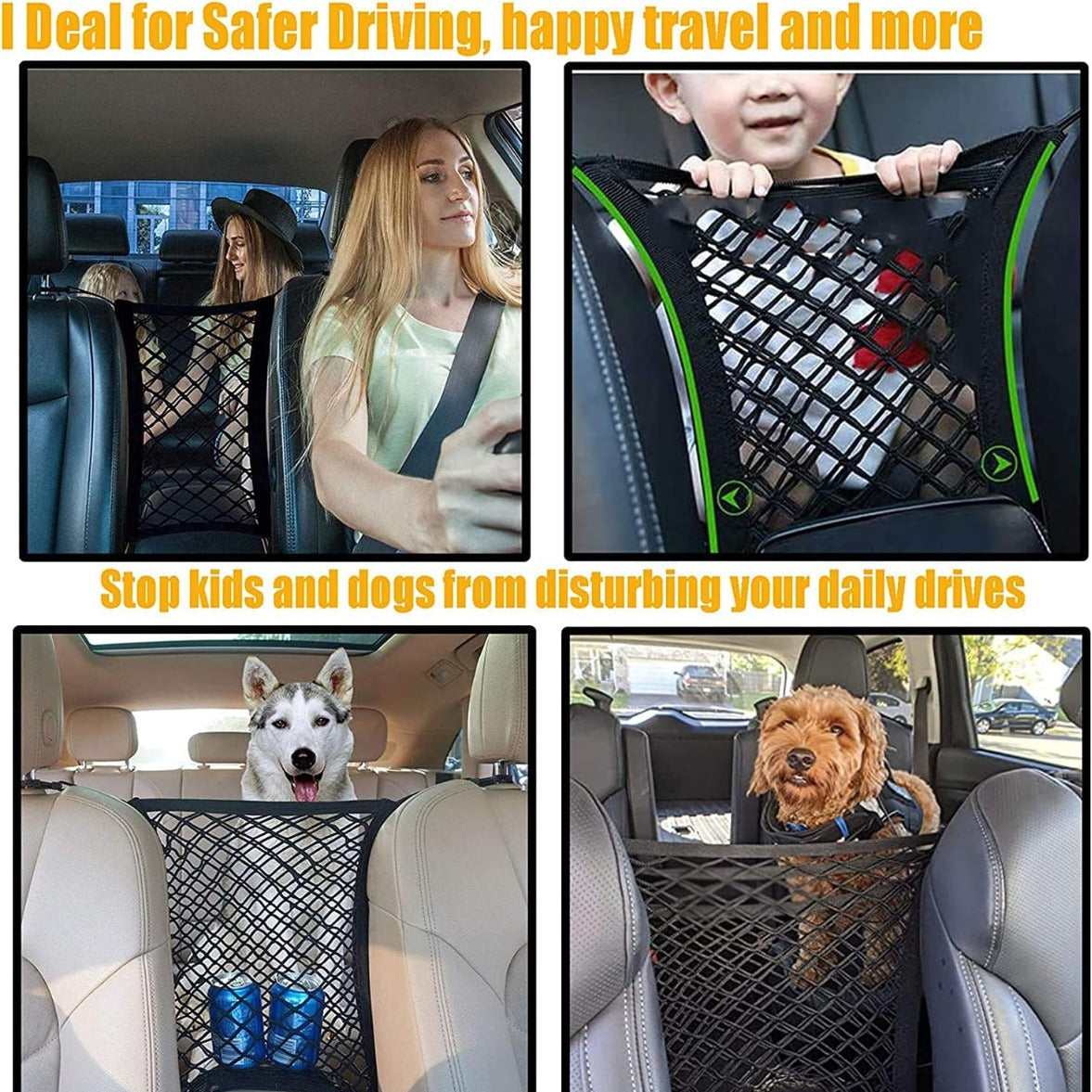 Rete Portaoggetti per Auto con 4 Ganci, Organizzatore per Sedile con 2 Tasche, Barriera di Sicurezza per Animali e Bambini