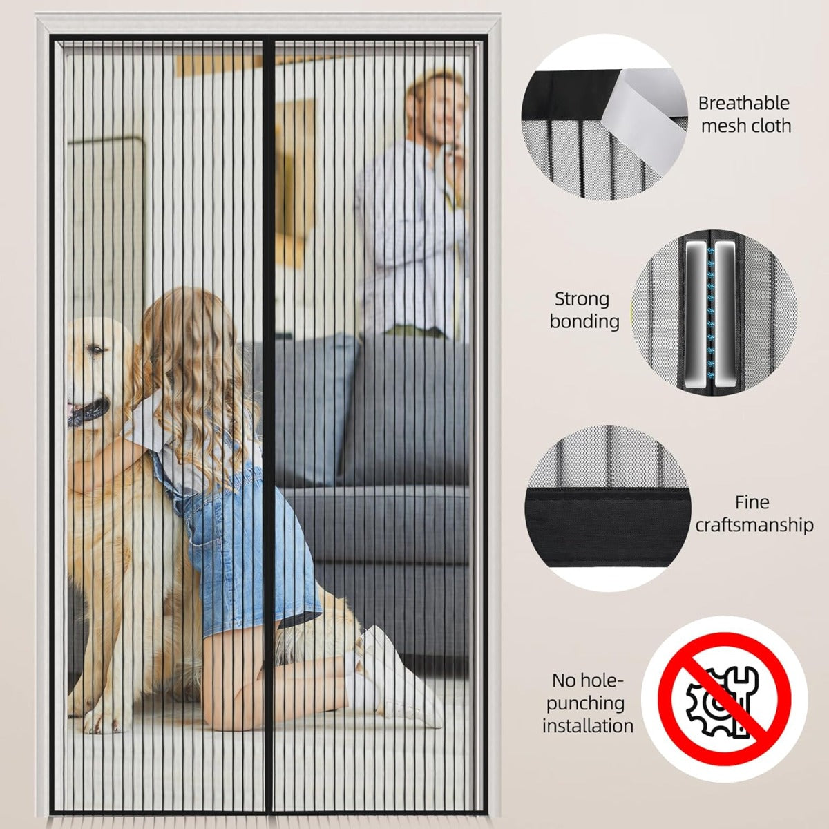 Zanzariera Magnetica per Porta 90 x 210 cm – Tenda Anti-Insetti con Chiusura Automatica Magnetica, Rete in Poliestere Resistente - Nero