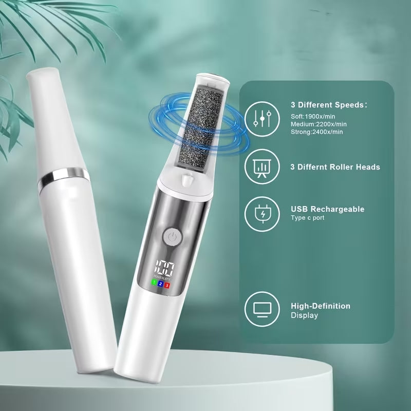 Pedicure Elettrico Professionale per Piedi – Lima Elettrica per Calli e Talloni – Rimuovi Pelle Morta – 3 Rulli Abrasivi – Display LED – Luce LED – Ricarica USB