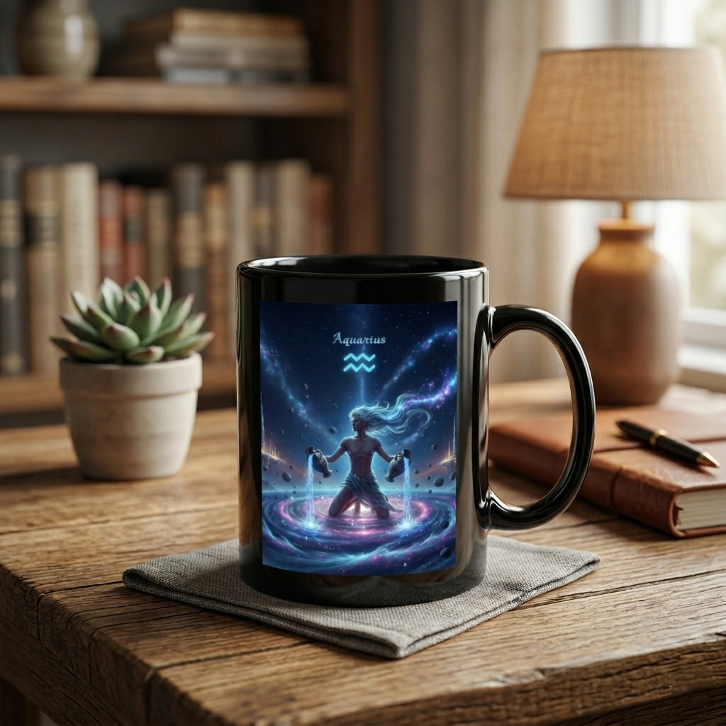 Tazza Mug Acquario Nera - Idea Regalo, Ceramica, Colazione, Latte, Caffè, Tè