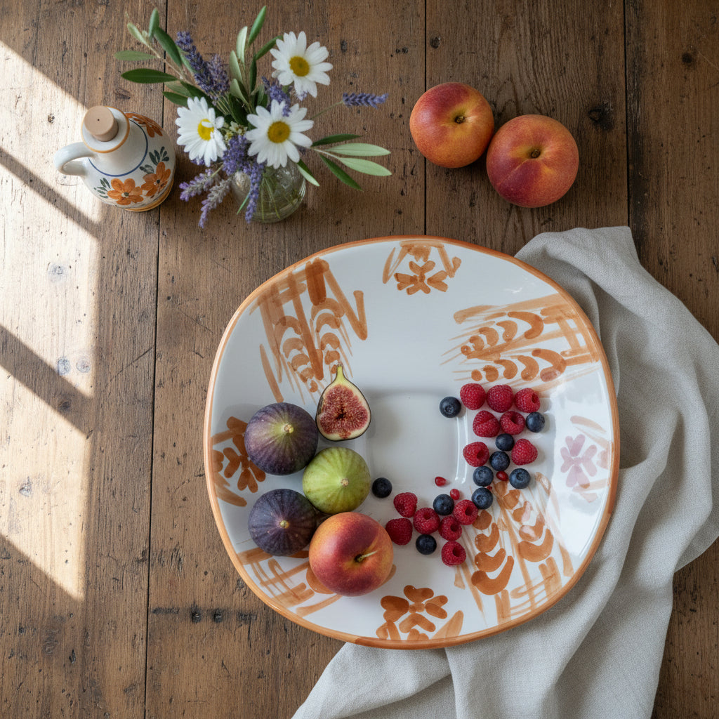 Centro Tavola Ceramica Dipinta a Mano 20cm - Fruttiera Rustica Spighe e Fiori