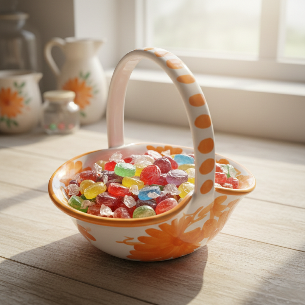 Cestino in Ceramica Decorato a Mano Arancione e Bianco - Portaoggetti Floreale