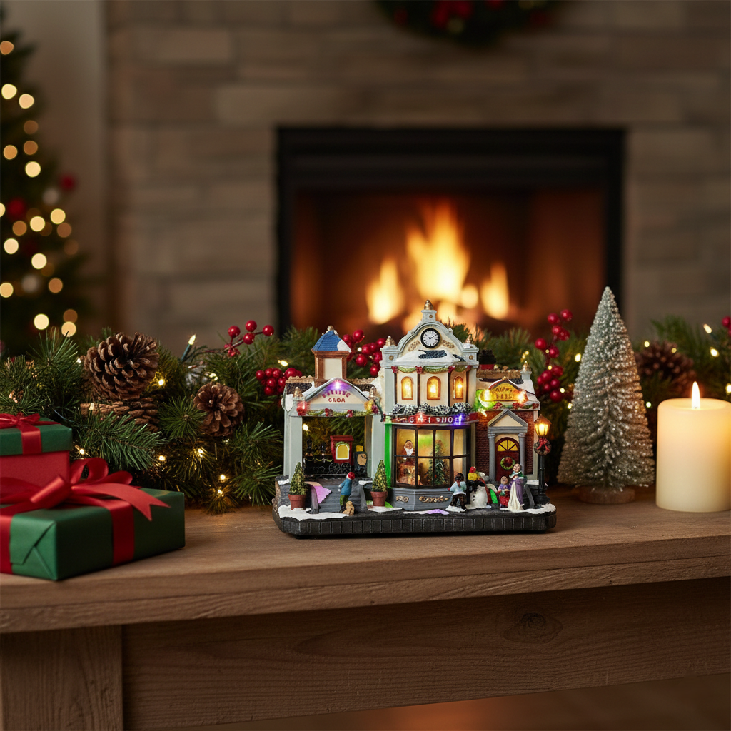 Stazione di Babbo Natale - Villaggio Natalizio con Luci LED, Movimento e Musica 30 cm