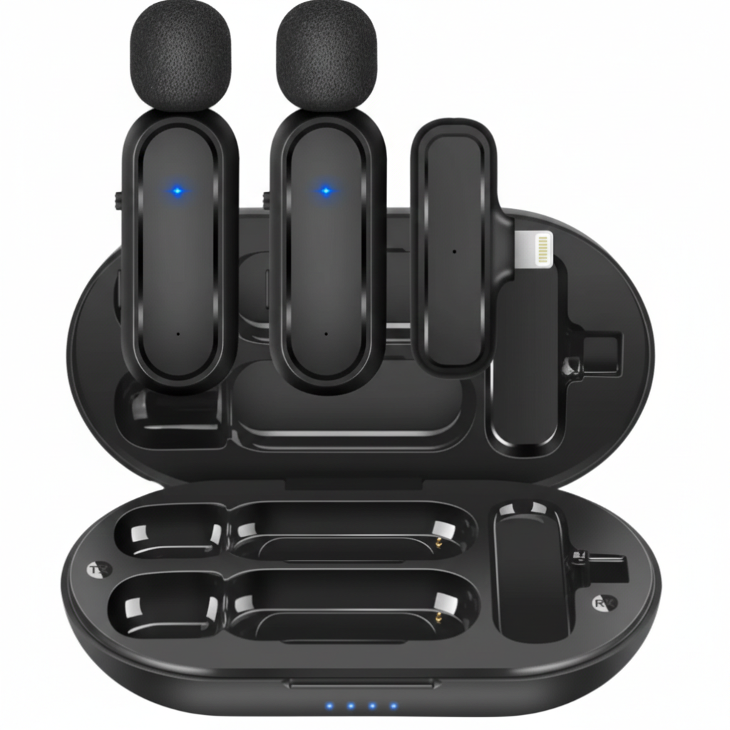 Microfono Lavalier Wireless con Custodia, 2 Mic + Ricevitore Lightning per iPhone/iPad, Riduzione Rumore, 8h Autonomia, 20m Portata
