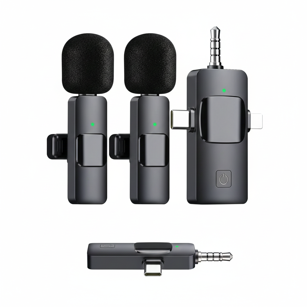 Microfono Lavalier Wireless 3 in 1 - Compatibile con iPhone, iPad, Android, Fotocamera, Riduzione del Rumore, Microfono per Vlog, TikTok, YouTube Live Stream