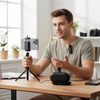 Microfono Lavalier Wireless con Custodia, 2 Mic + Ricevitore Lightning per iPhone/iPad, Riduzione Rumore, 8h Autonomia, 20m Portata