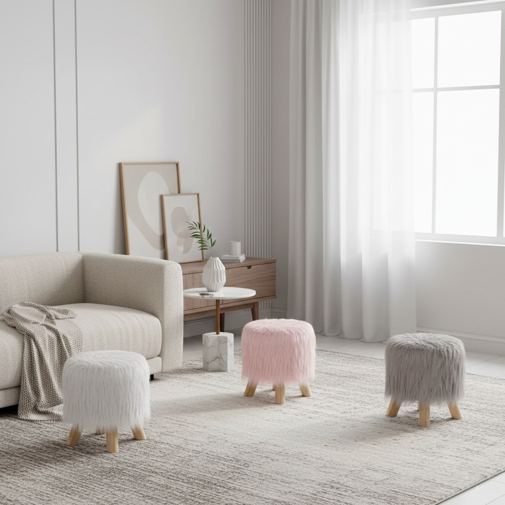 Sgabello pouf similpelliccia con poggiapiedi