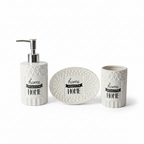 Set Bagno Completo in Ceramica Bianca Decorata – 3 Accessori Coordinati