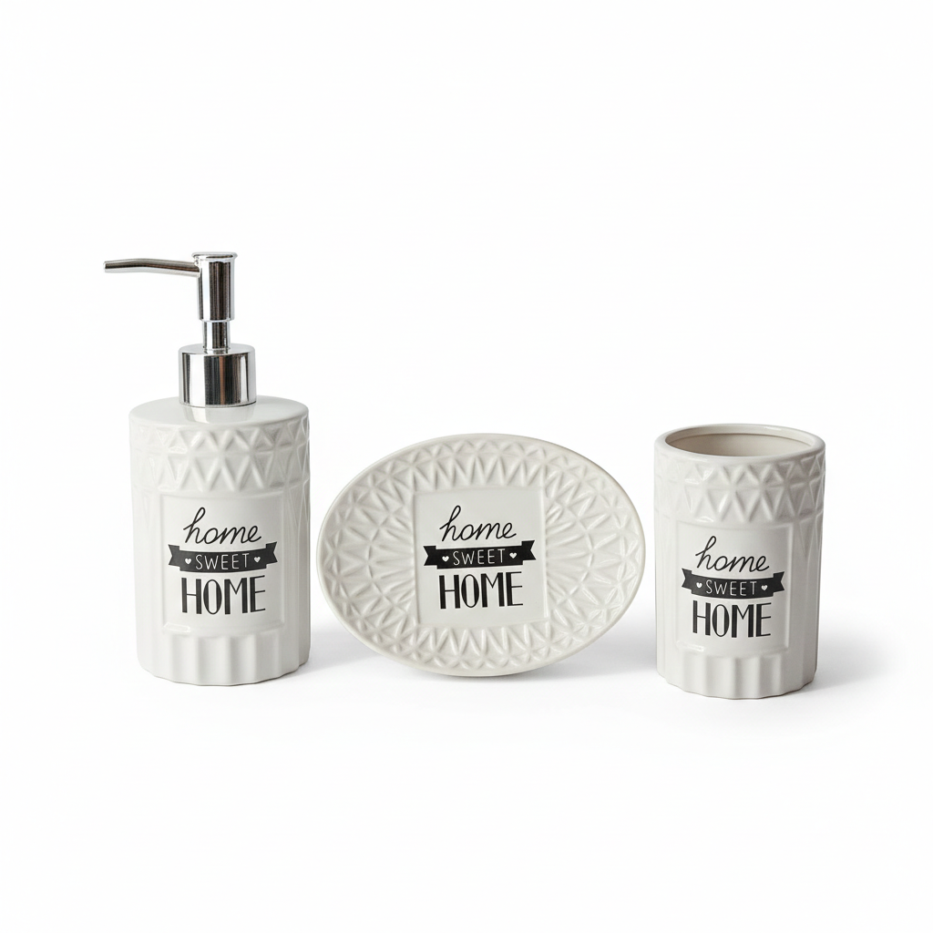 Set Bagno Completo in Ceramica Bianca Decorata – 3 Accessori Coordinati