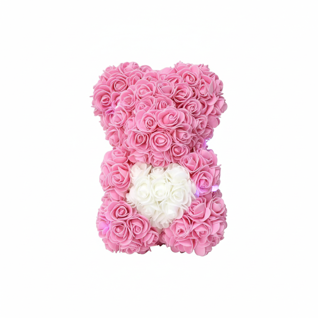 Orso di Fiori Artigianale - Simbolo d'Amore per Eventi Indimenticabili  25 cm (Rosa + Cuore)