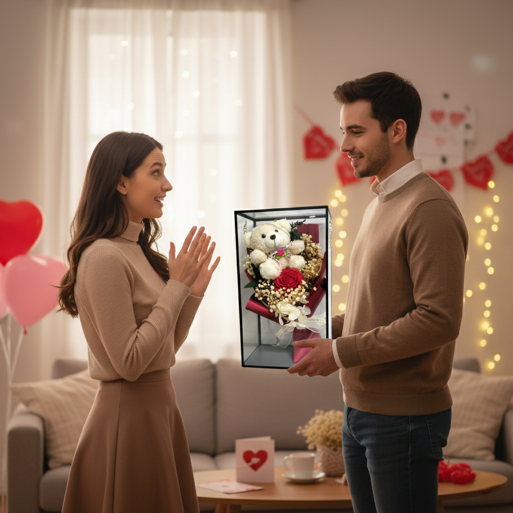 Elegante Confezione Regalo con Peluche, Fiore Stabilizzato e Decorazioni Pregiate