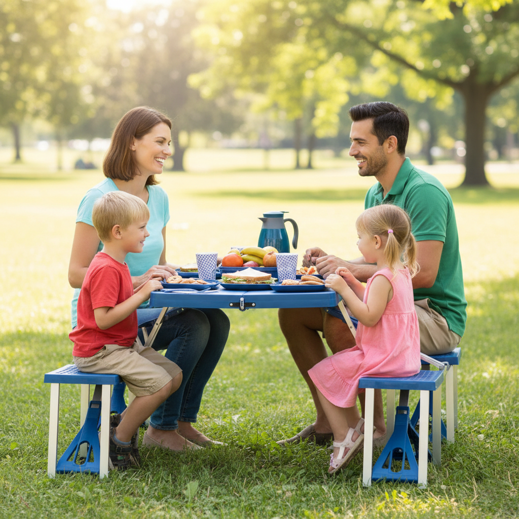 Set completo valigetta tavolo con sgabelli pieghevole blu per pic nic campeggio