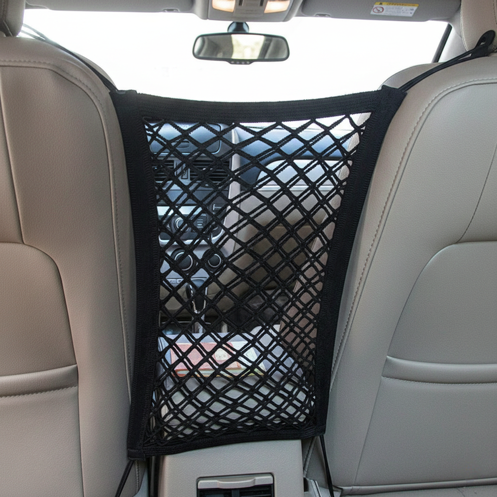 Rete Portaoggetti per Auto con 4 Ganci, Organizzatore per Sedile con 2 Tasche, Barriera di Sicurezza per Animali e Bambini