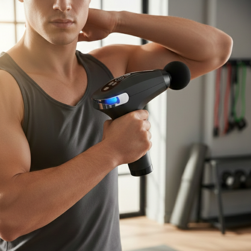 Pistola da Massaggio Muscolare a Percussione con Manico Estensibile – 9 Modalità e 4 Teste, Massaggio Profondo per Cervicale e Schiena