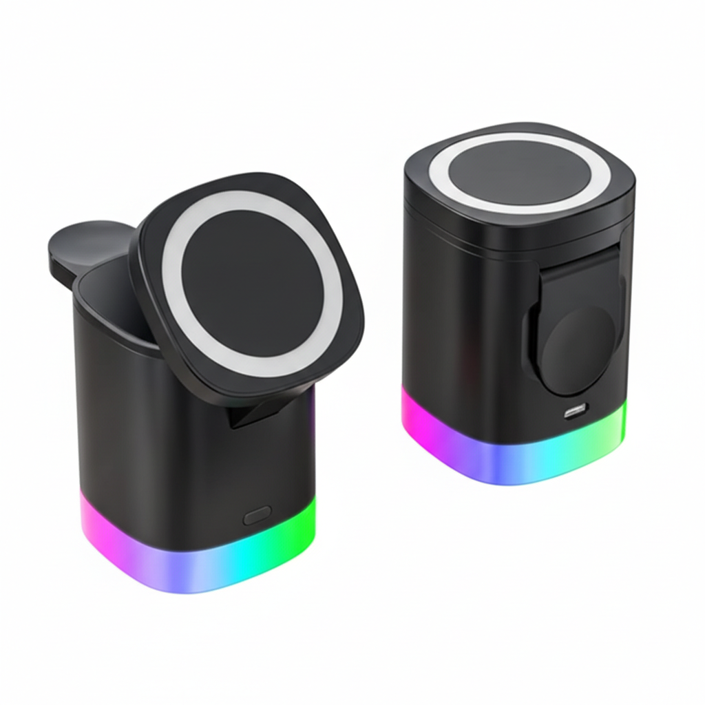 Caricabatterie Wireless Magnetico 3 in 1 con Supporto, Docking Station con Luce a LED e Ricarica Rapida