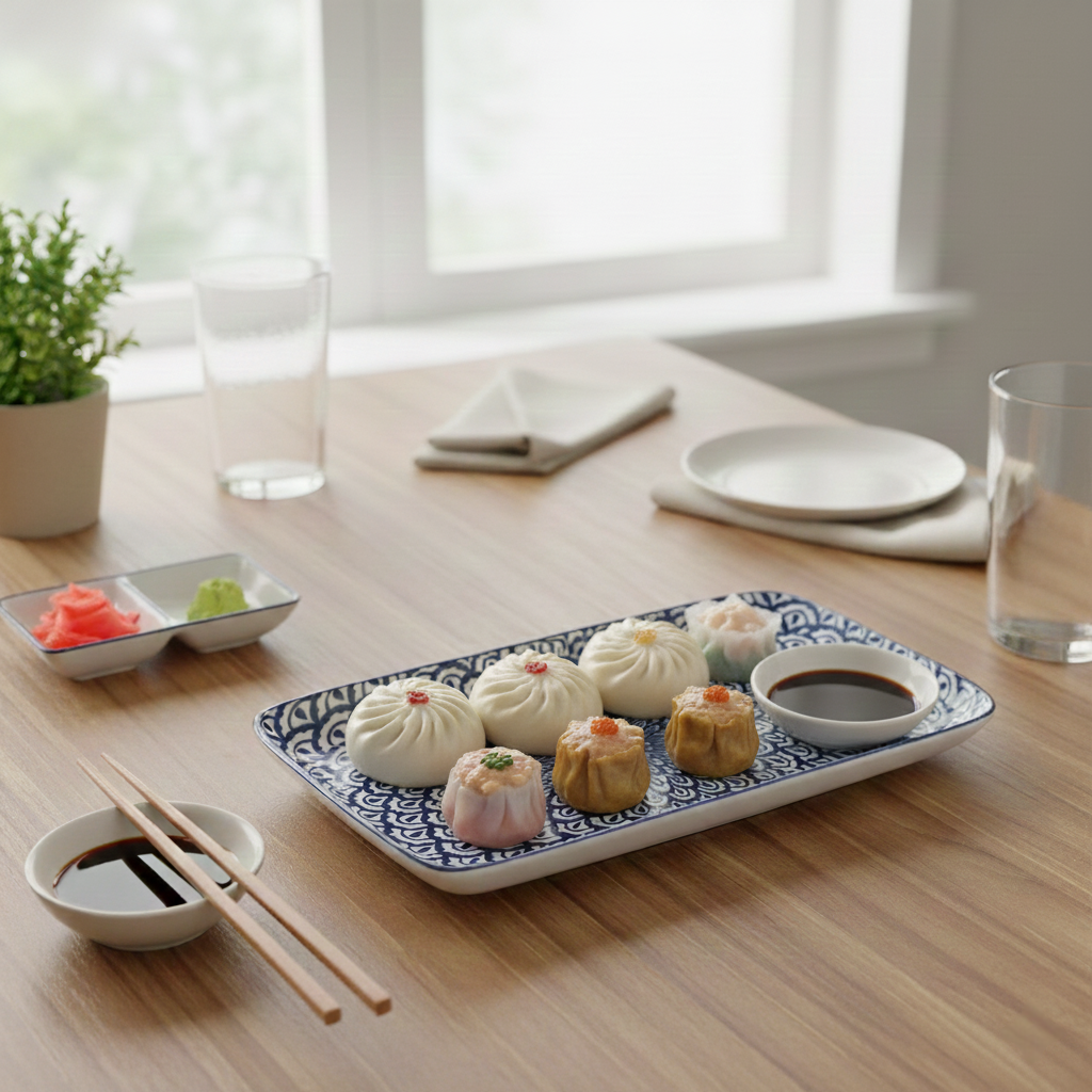 Piatto Piano Rettangolare in Ceramica Decorata – Mandala Blu e Bianco